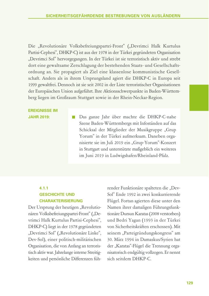 Seite 129 des Verfassungsschutzbericht 2019 Baden-Württemberg