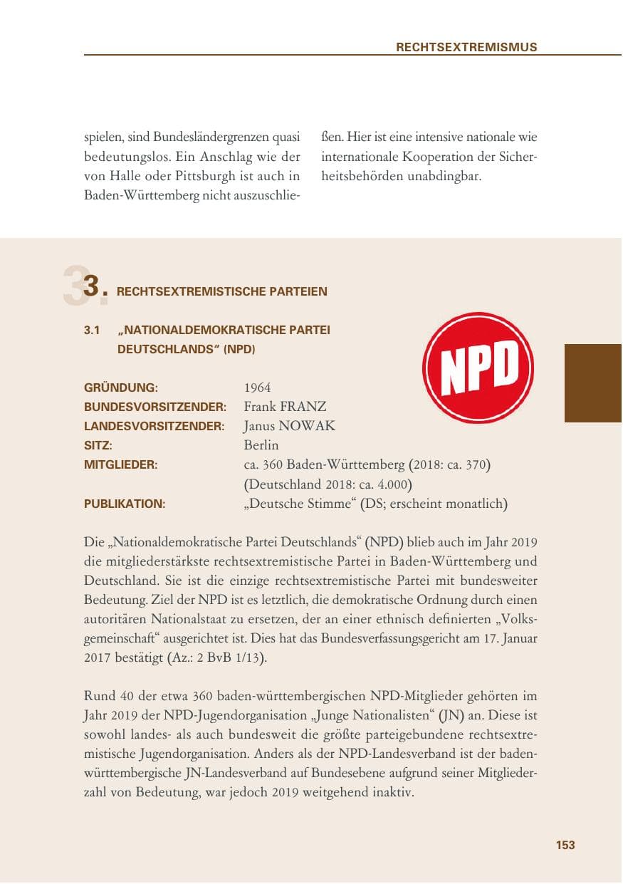 Seite 153 des Verfassungsschutzbericht 2019 Baden-Württemberg