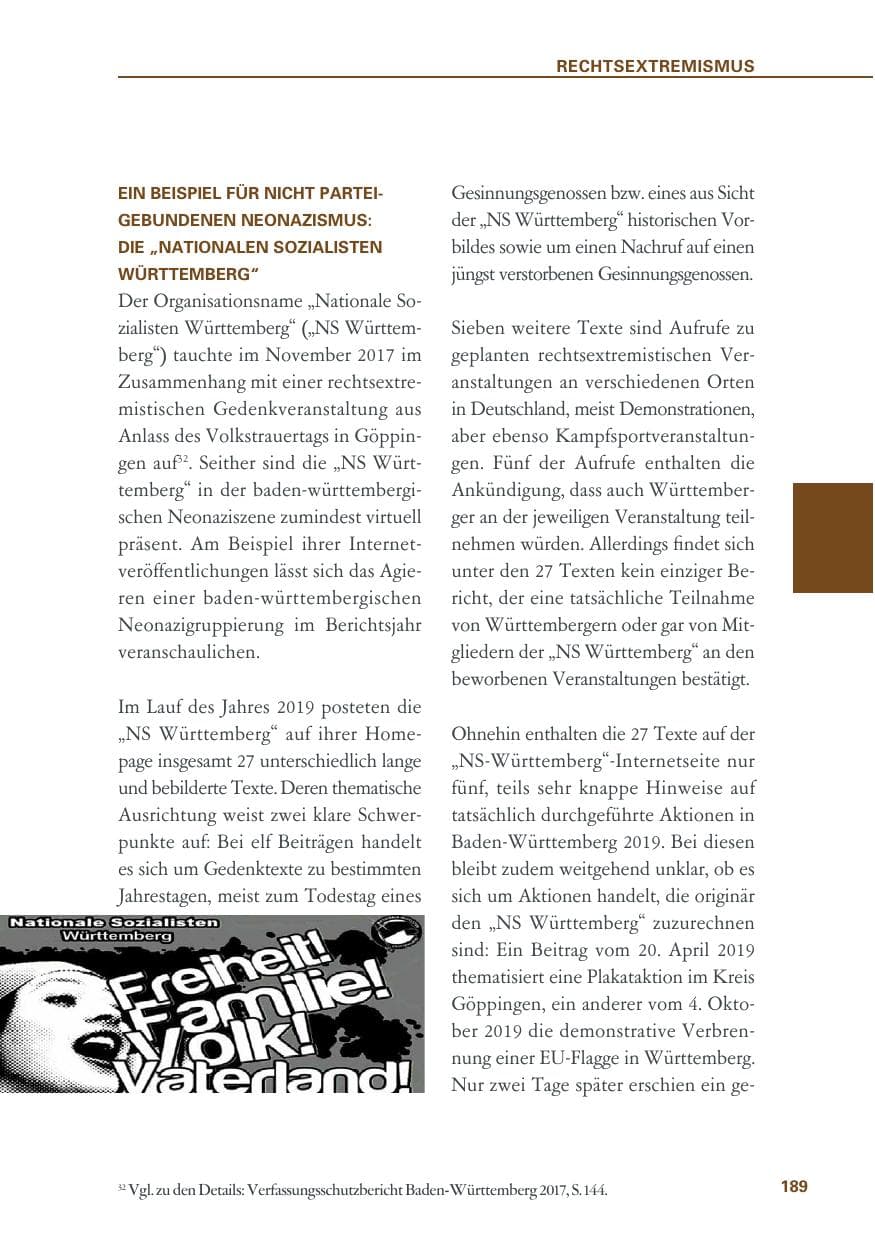 Seite 189 des Verfassungsschutzbericht 2019 Baden-Württemberg