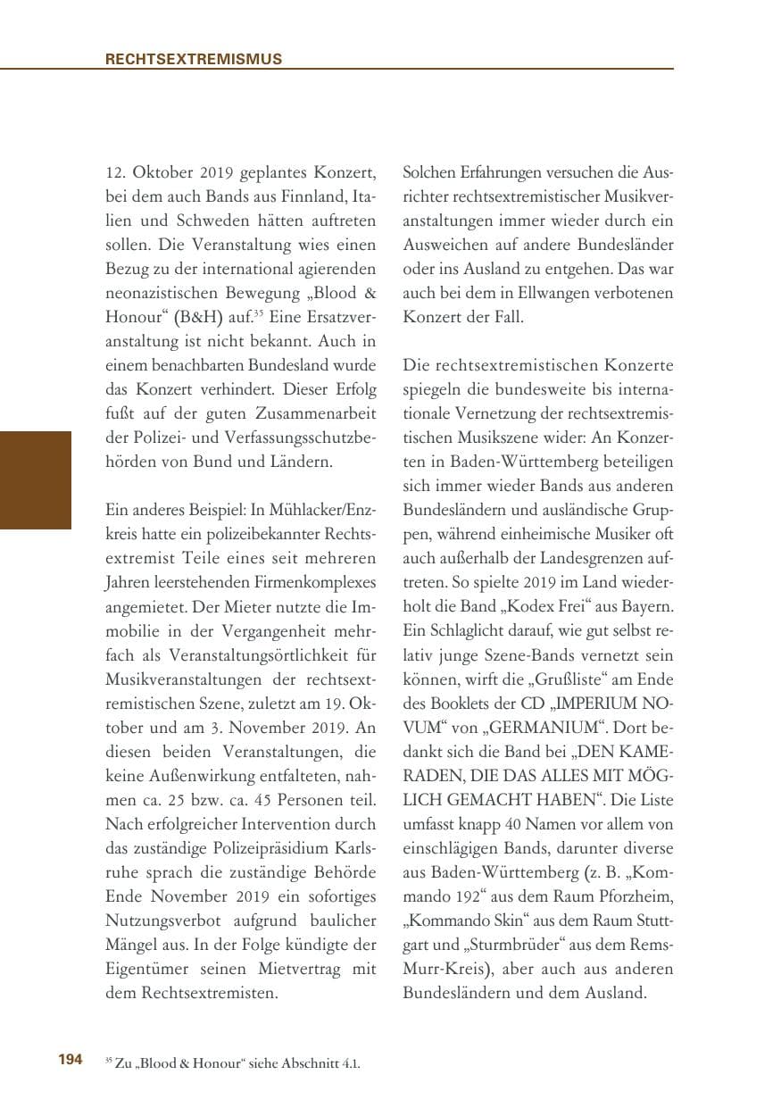 Seite 194 des Verfassungsschutzbericht 2019 Baden-Württemberg