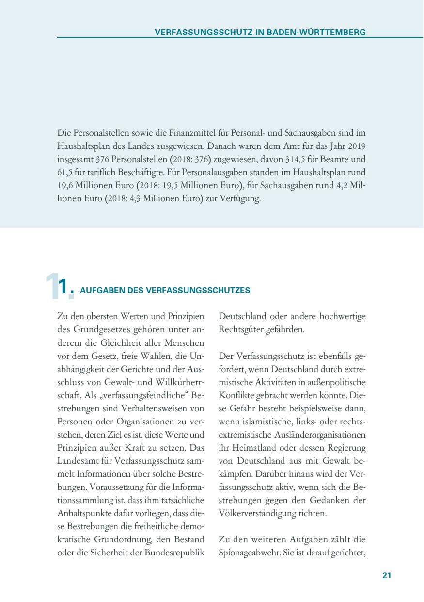 Seite 21 des Verfassungsschutzbericht 2019 Baden-Württemberg