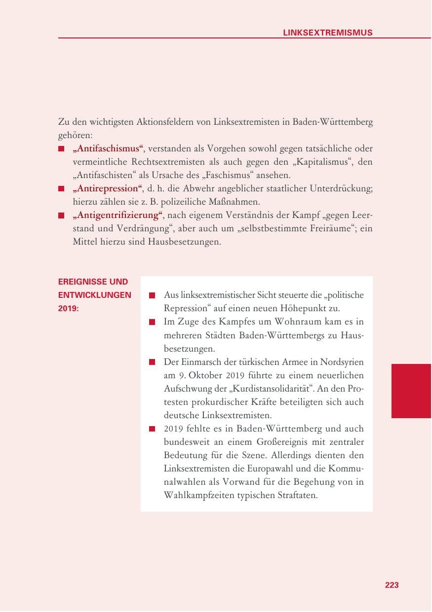 Seite 223 des Verfassungsschutzbericht 2019 Baden-Württemberg