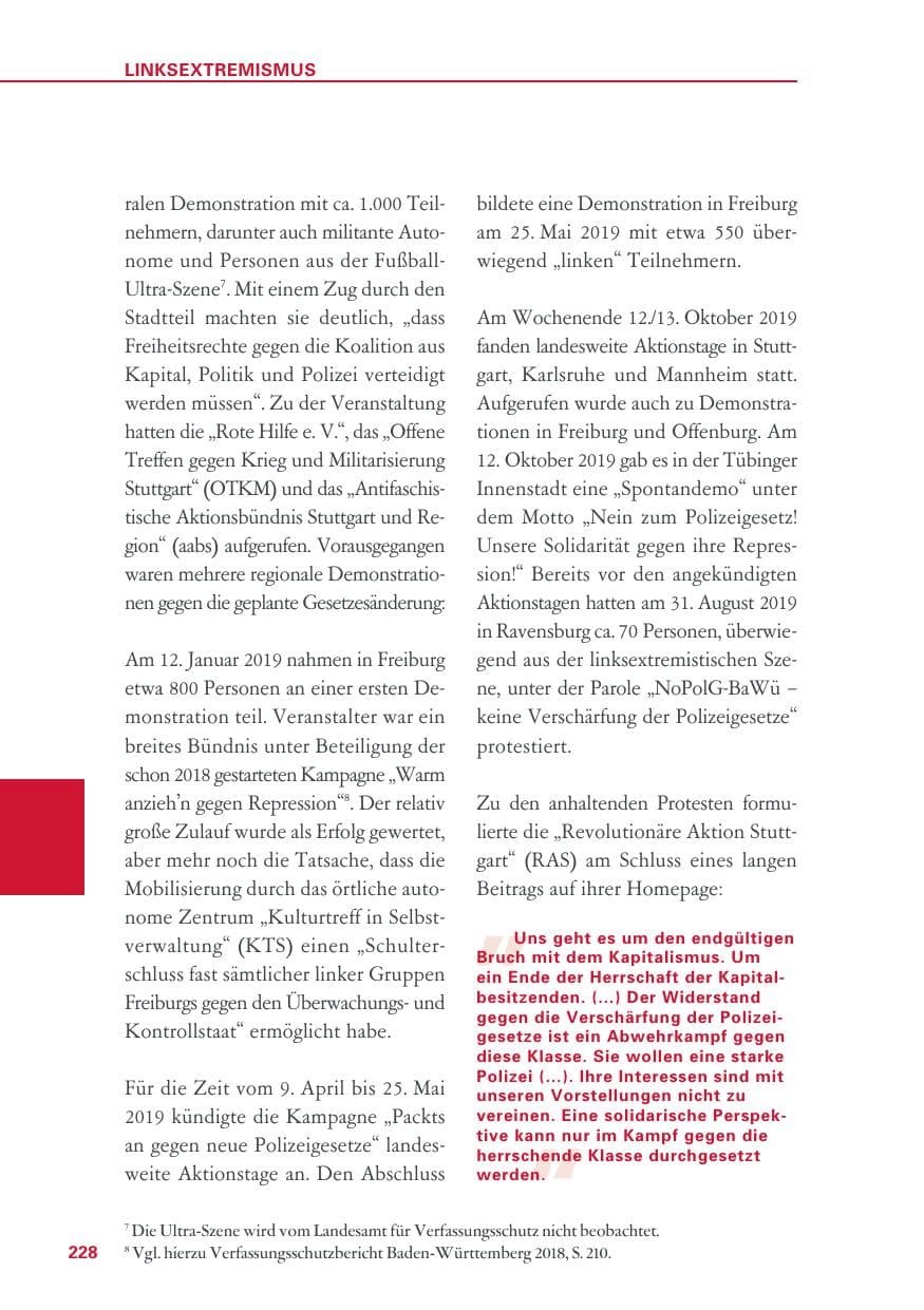 Seite 228 des Verfassungsschutzbericht 2019 Baden-Württemberg
