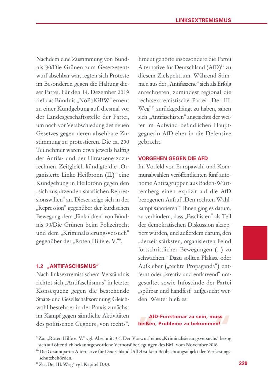 Seite 229 des Verfassungsschutzbericht 2019 Baden-Württemberg