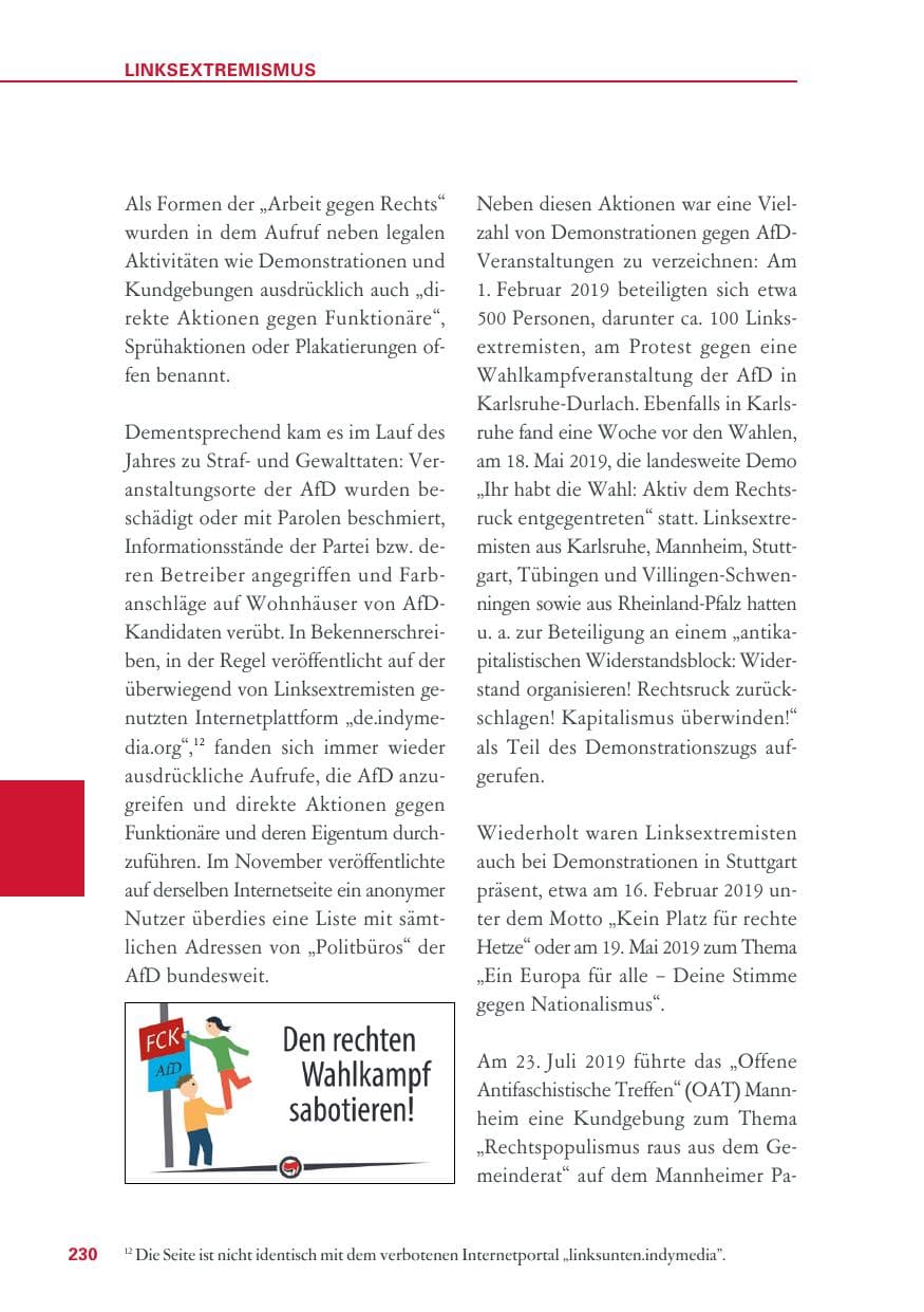 Seite 230 des Verfassungsschutzbericht 2019 Baden-Württemberg