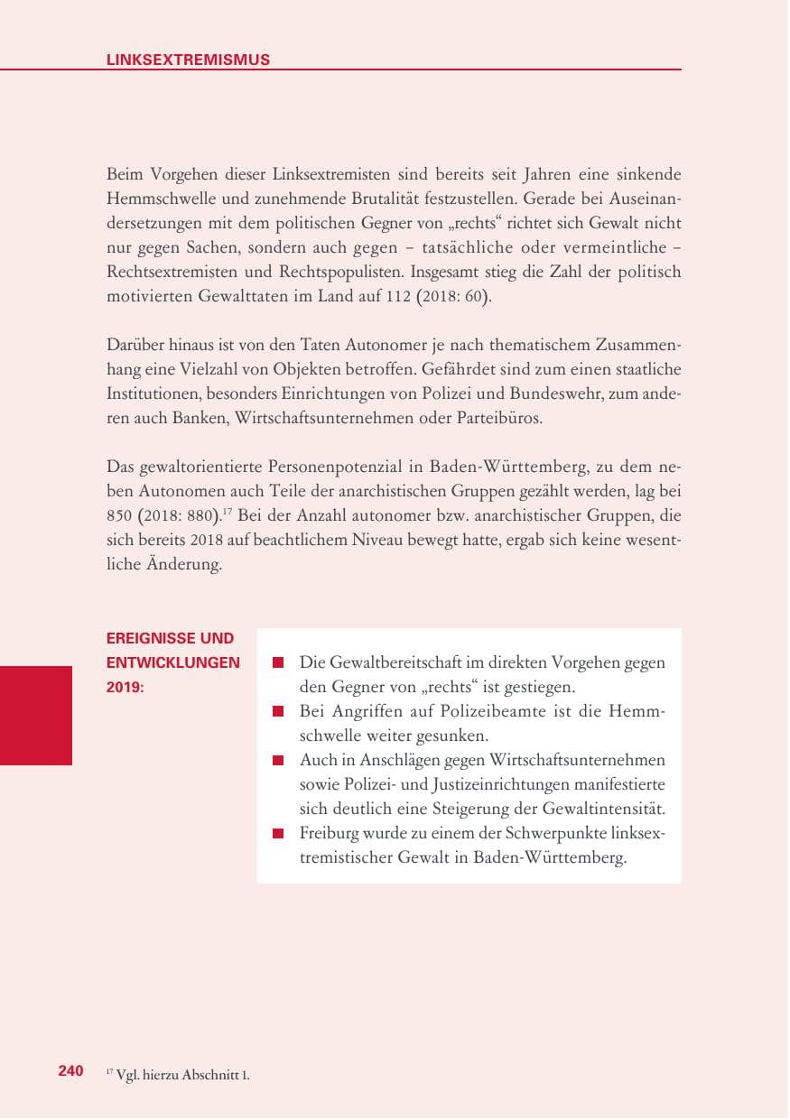 Seite 240 des Verfassungsschutzbericht 2019 Baden-Württemberg