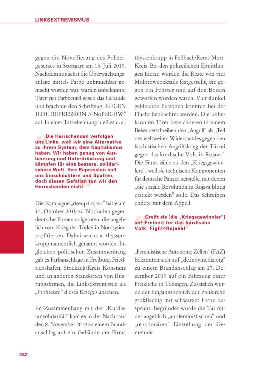 Seite 242 des Verfassungsschutzbericht 2019 Baden-Württemberg