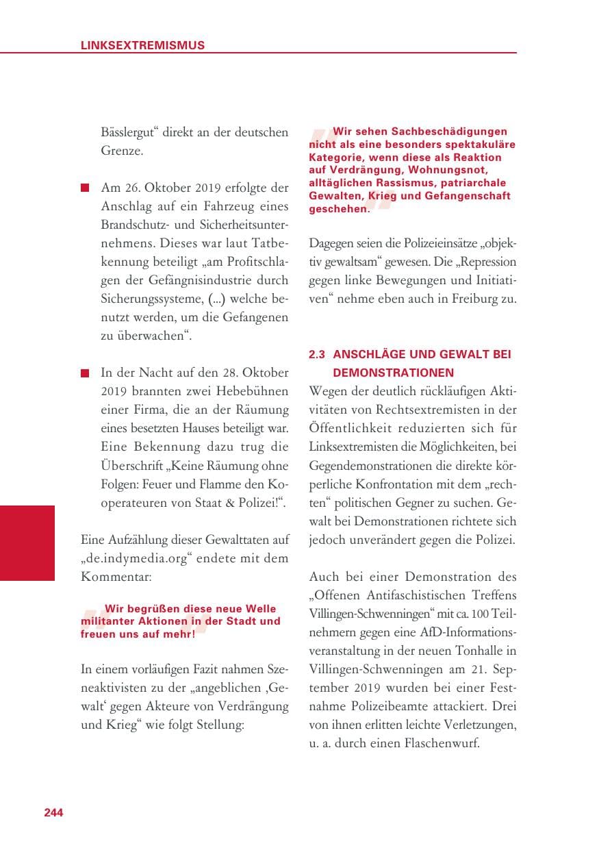 Seite 244 des Verfassungsschutzbericht 2019 Baden-Württemberg