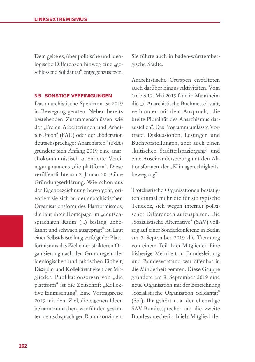 Seite 262 des Verfassungsschutzbericht 2019 Baden-Württemberg