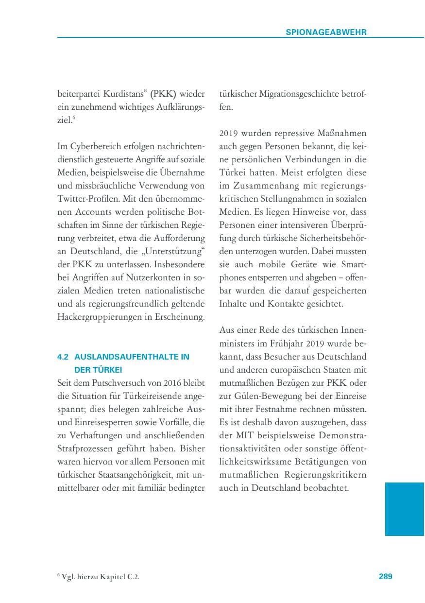 Seite 289 des Verfassungsschutzbericht 2019 Baden-Württemberg