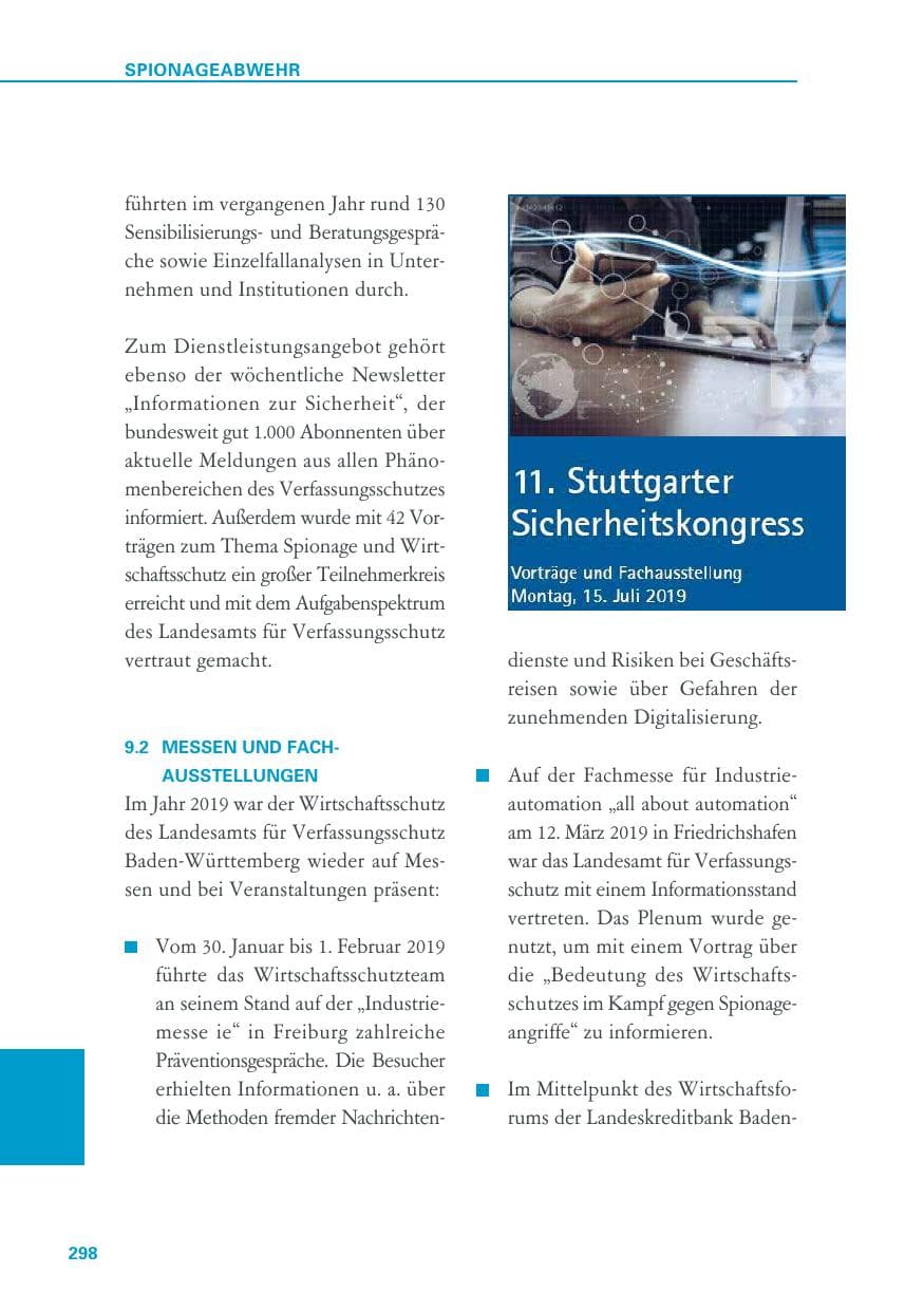 Seite 298 des Verfassungsschutzbericht 2019 Baden-Württemberg