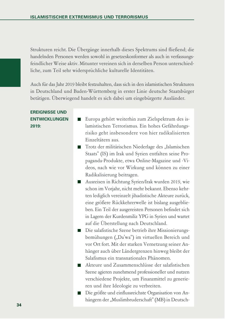 Seite 34 des Verfassungsschutzbericht 2019 Baden-Württemberg
