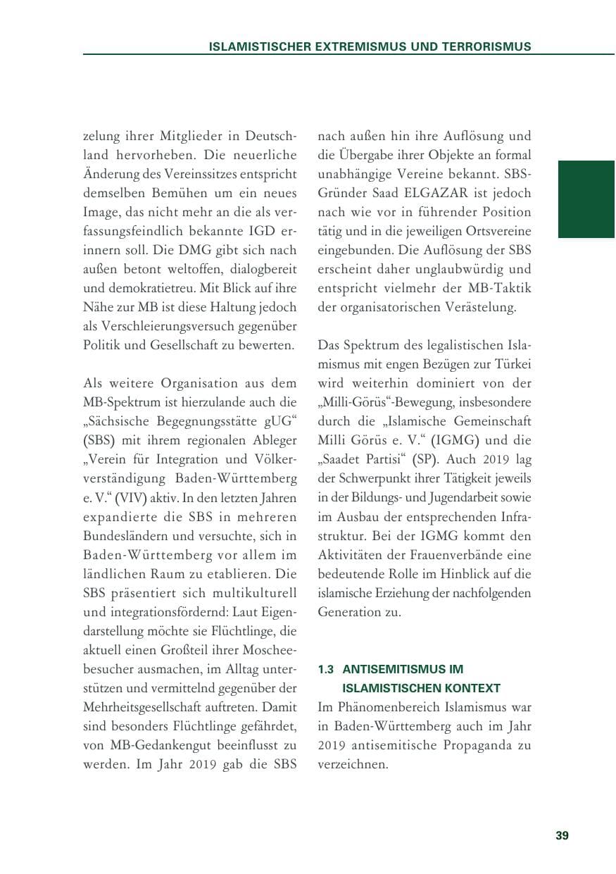 Seite 39 des Verfassungsschutzbericht 2019 Baden-Württemberg