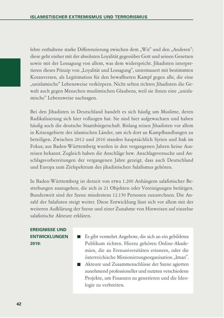 Seite 42 des Verfassungsschutzbericht 2019 Baden-Württemberg