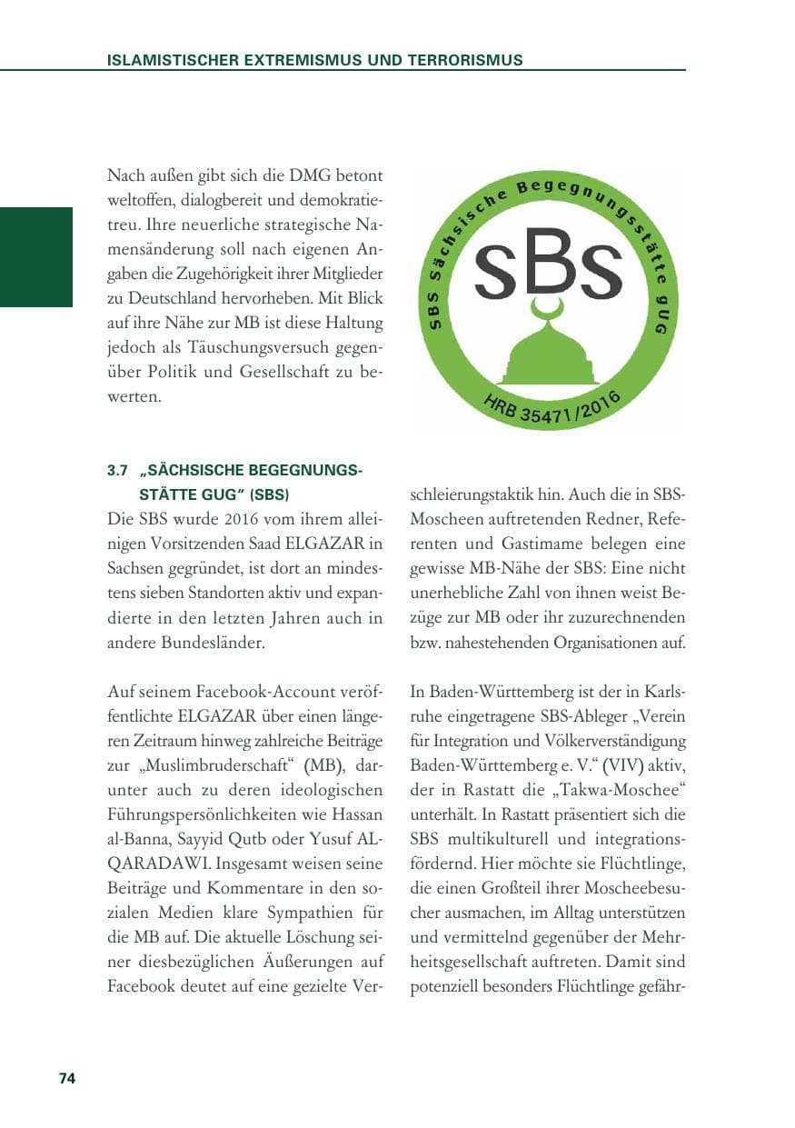 Seite 74 des Verfassungsschutzbericht 2019 Baden-Württemberg