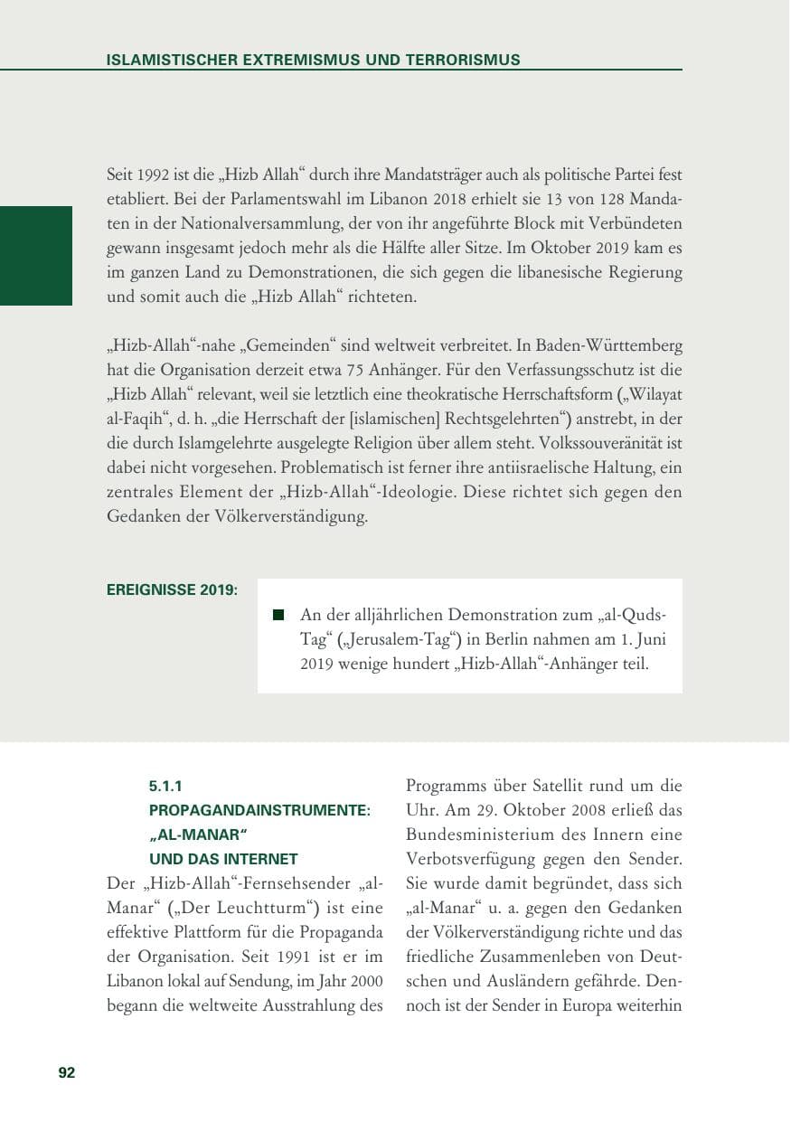 Seite 92 des Verfassungsschutzbericht 2019 Baden-Württemberg