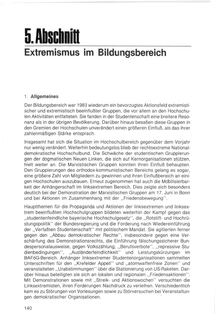 Seite 140 des Verfassungsschutzbericht 1983 Bayern