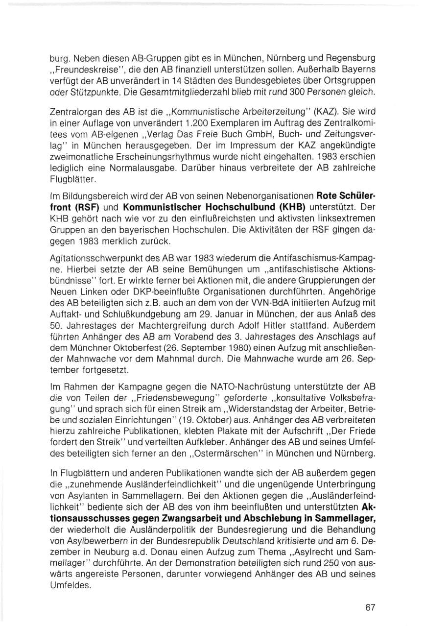 Seite 67 des Verfassungsschutzbericht 1983 Bayern