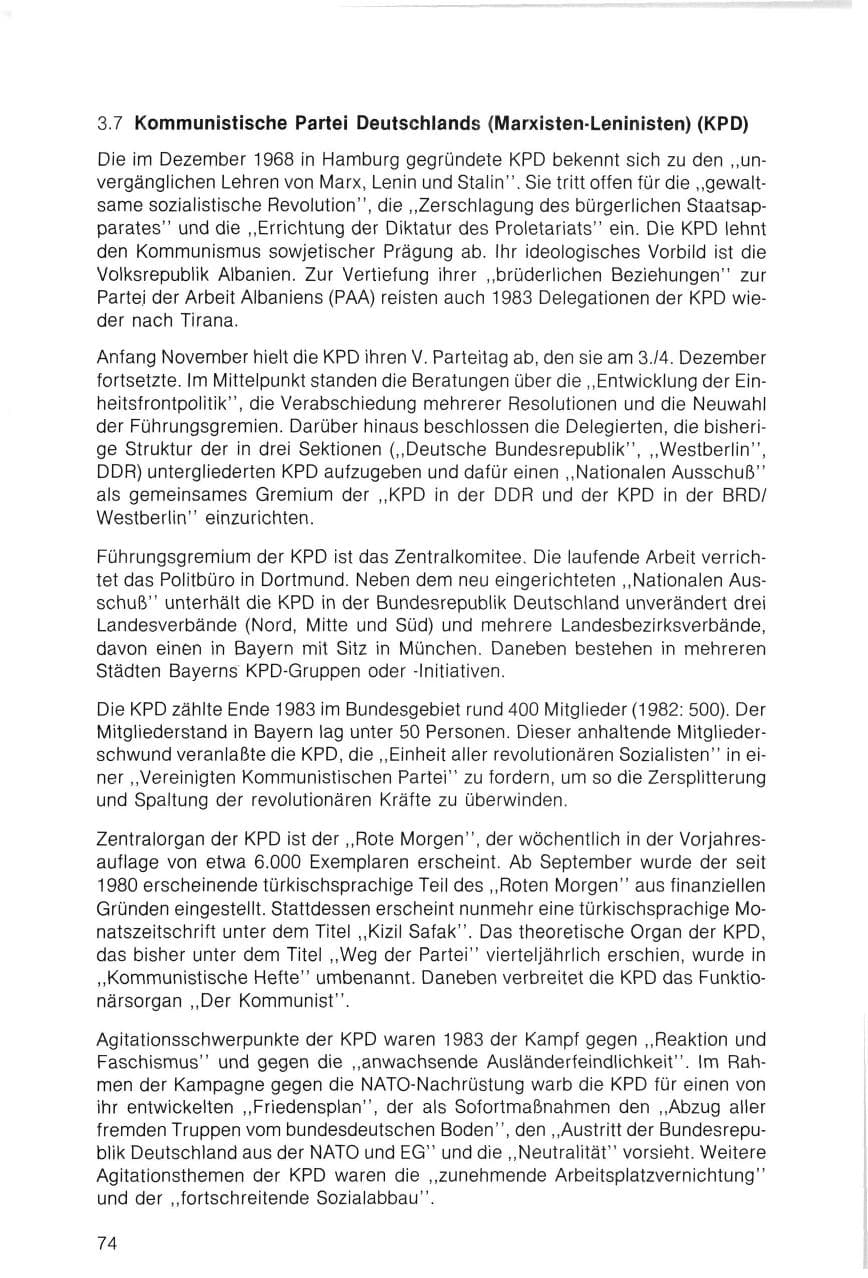 Seite 74 des Verfassungsschutzbericht 1983 Bayern