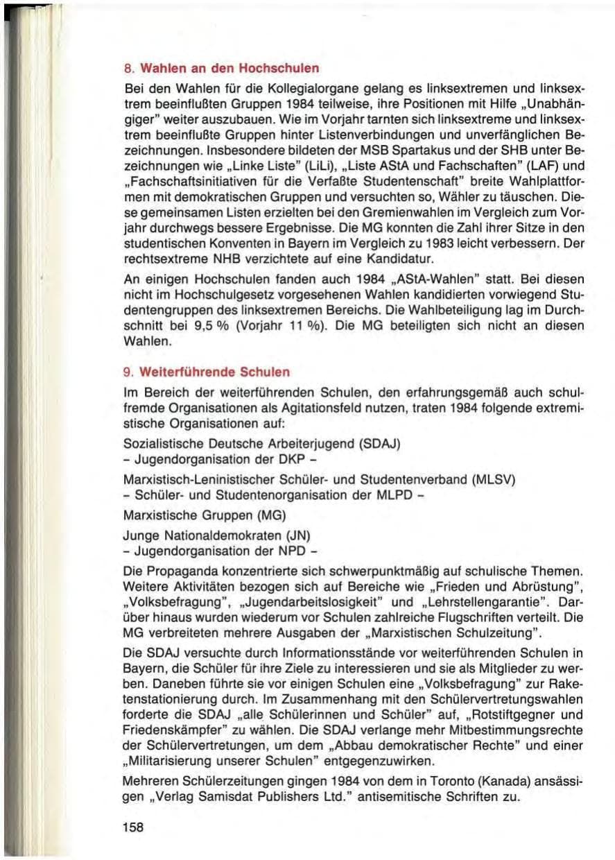 Seite 158 des Verfassungsschutzbericht 1984 Bayern