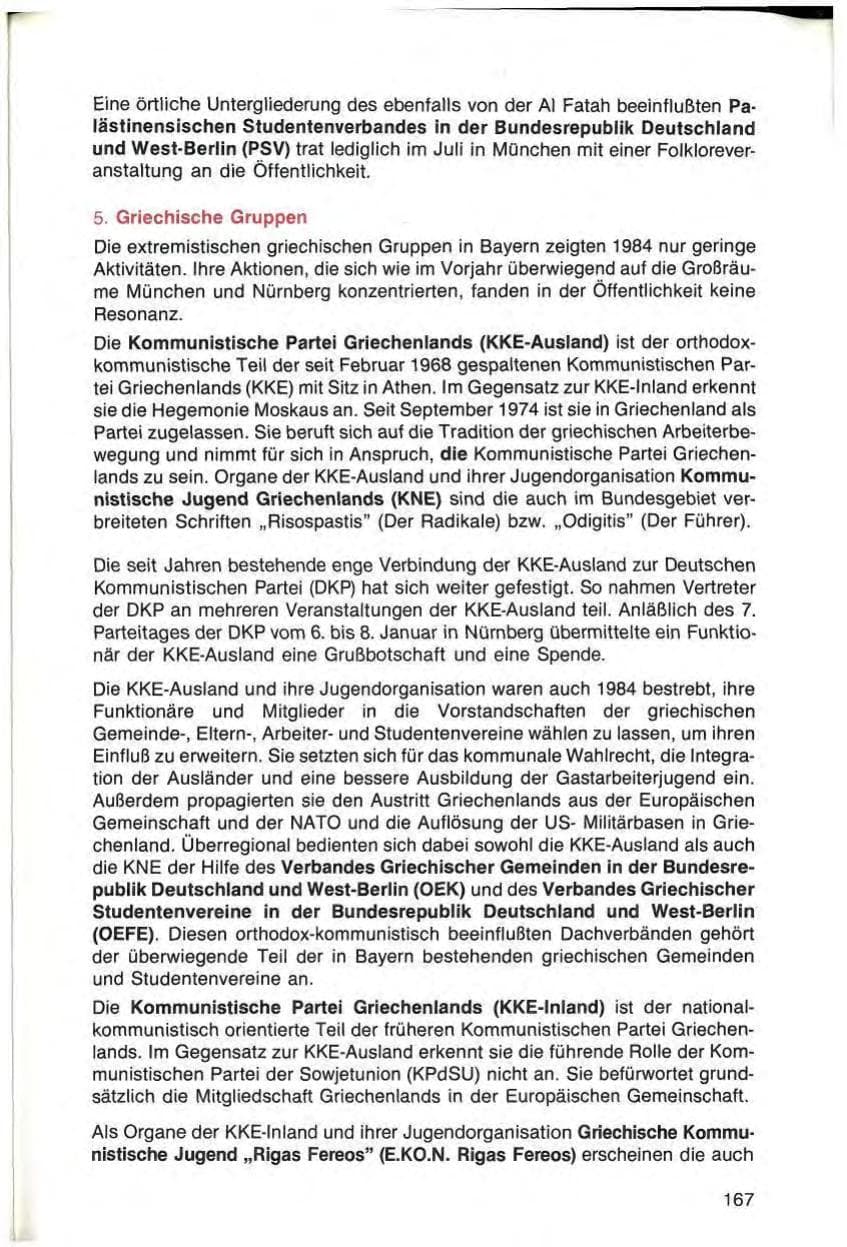 Seite 167 des Verfassungsschutzbericht 1984 Bayern