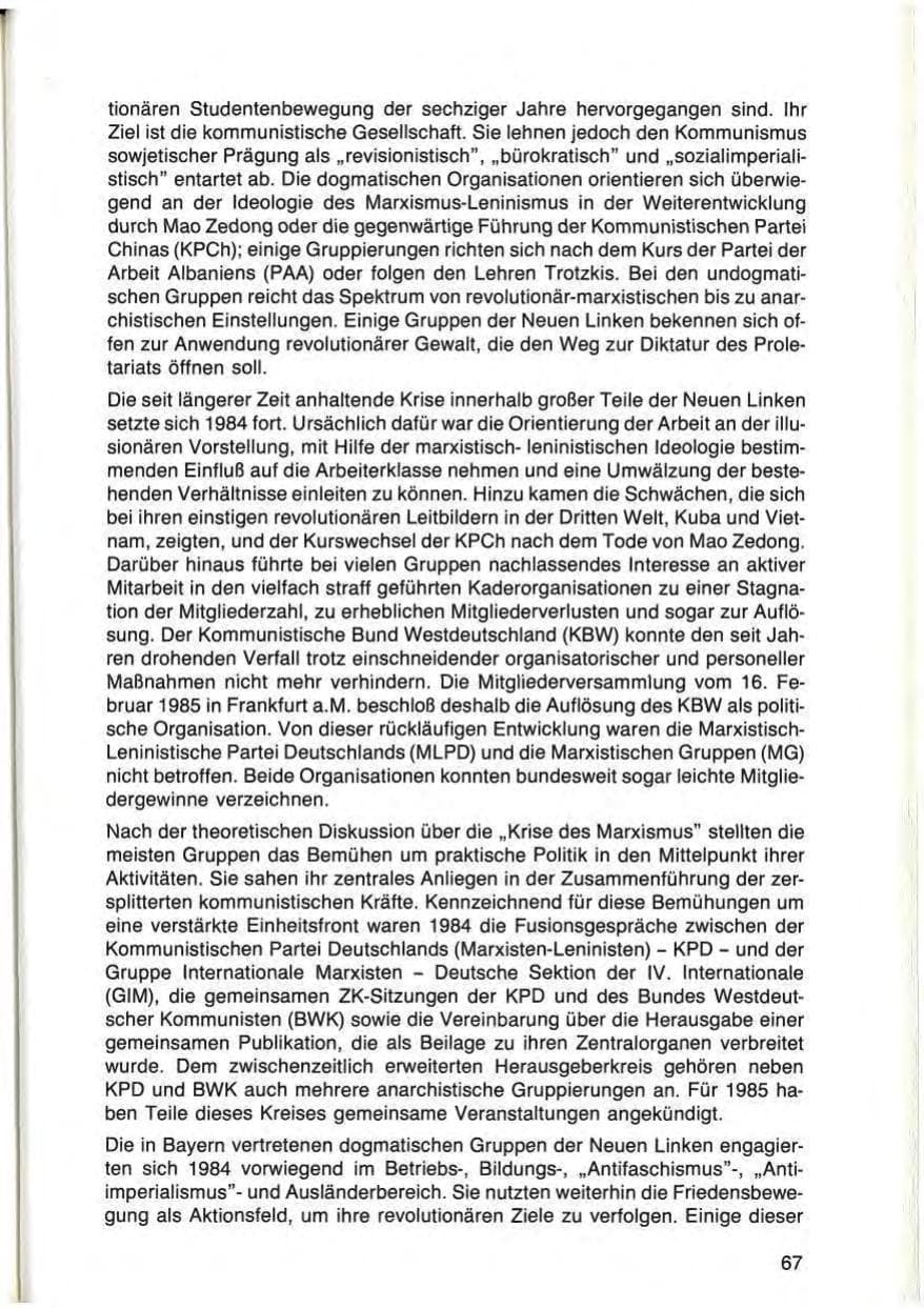 Seite 67 des Verfassungsschutzbericht 1984 Bayern