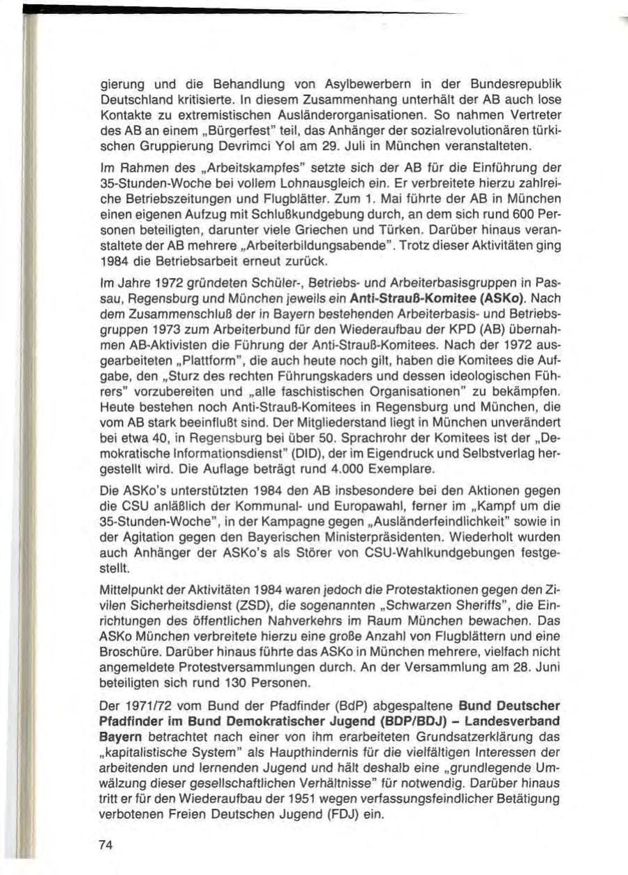 Seite 74 des Verfassungsschutzbericht 1984 Bayern
