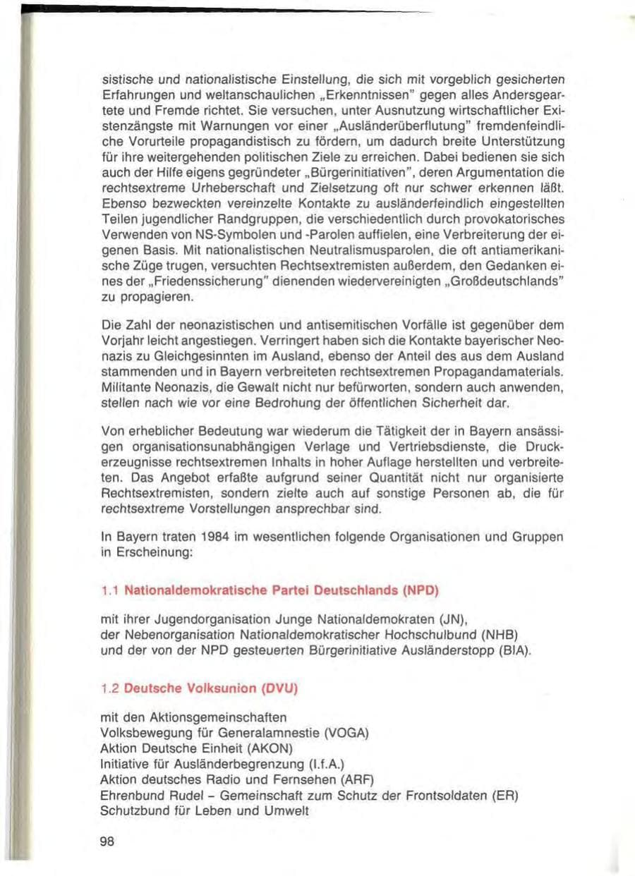 Seite 98 des Verfassungsschutzbericht 1984 Bayern