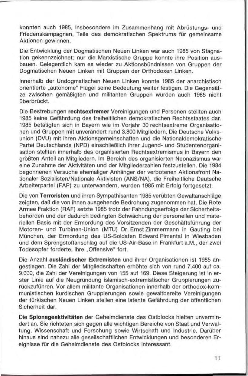 Seite 11 des Verfassungsschutzbericht 1985 Bayern