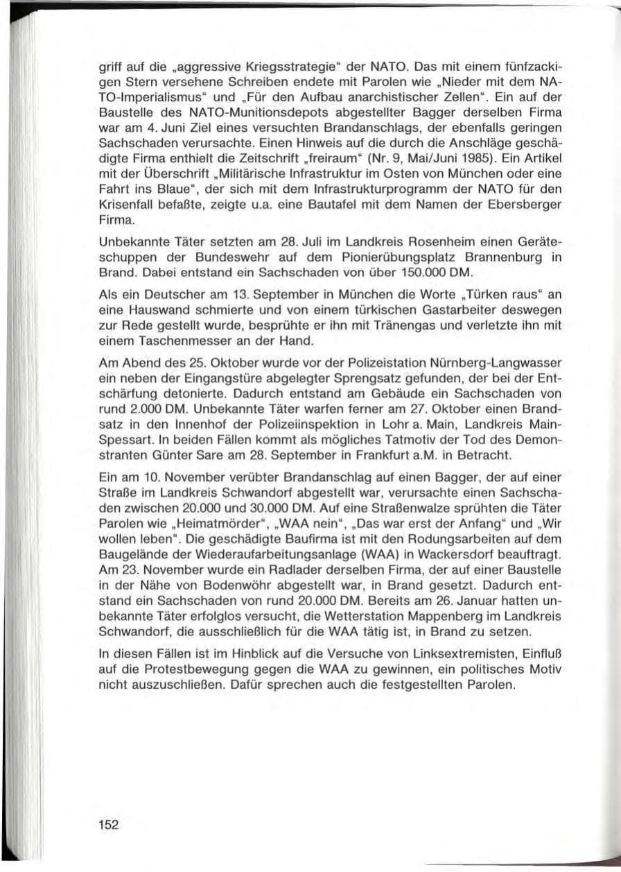 Seite 152 des Verfassungsschutzbericht 1985 Bayern
