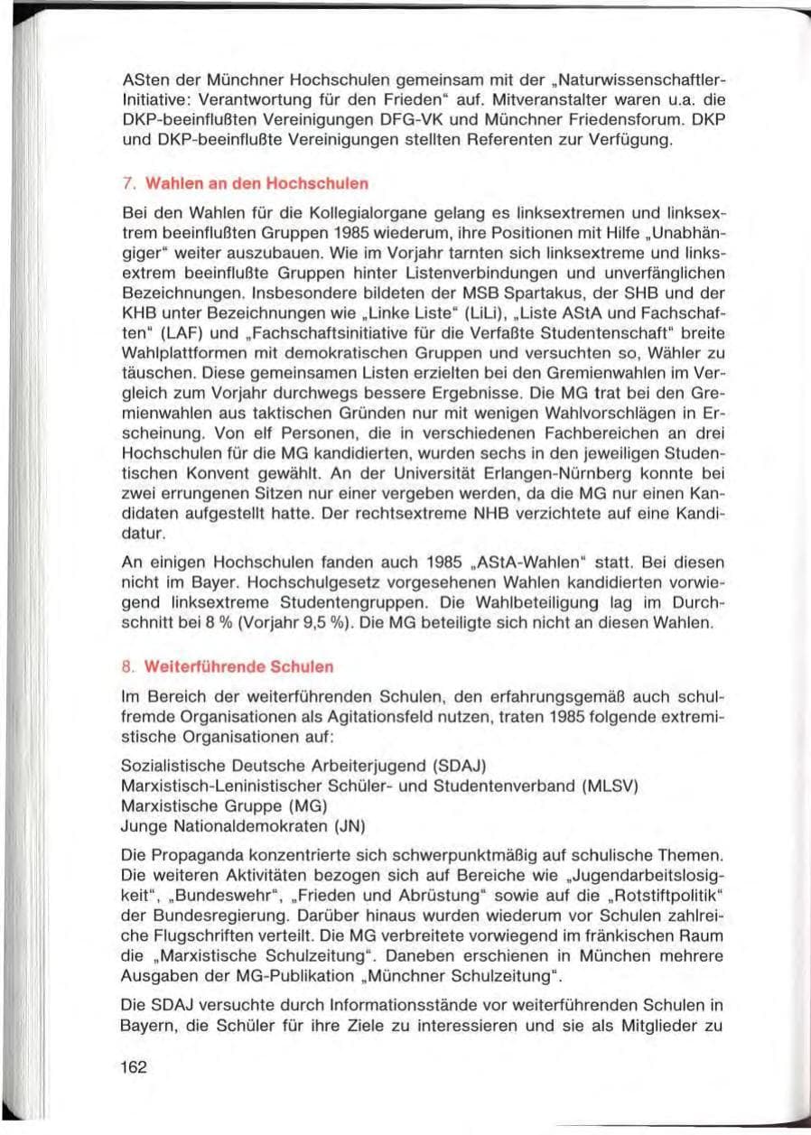 Seite 162 des Verfassungsschutzbericht 1985 Bayern