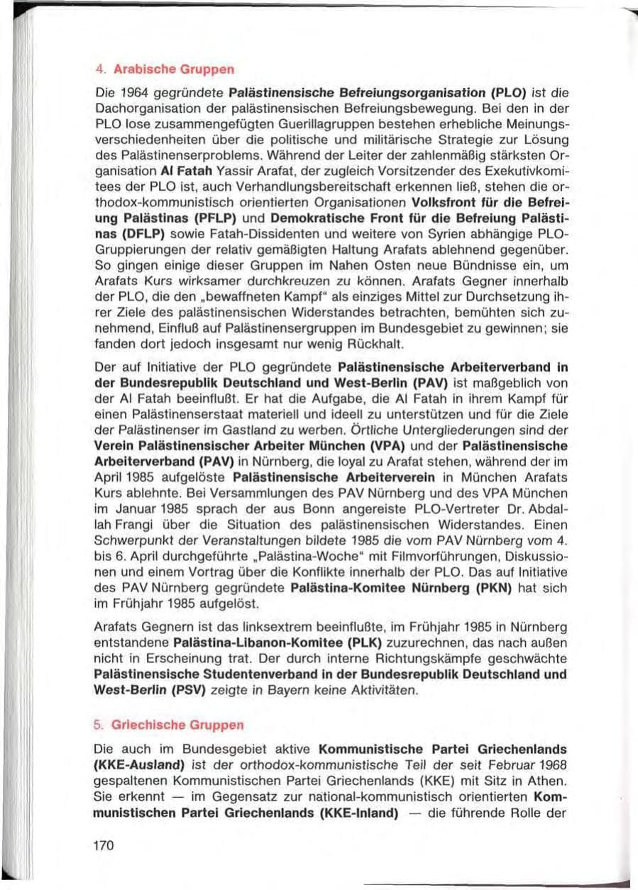 Seite 170 des Verfassungsschutzbericht 1985 Bayern