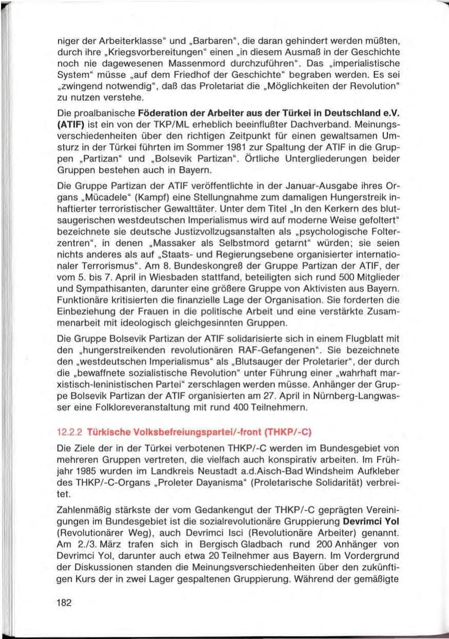 Seite 182 des Verfassungsschutzbericht 1985 Bayern