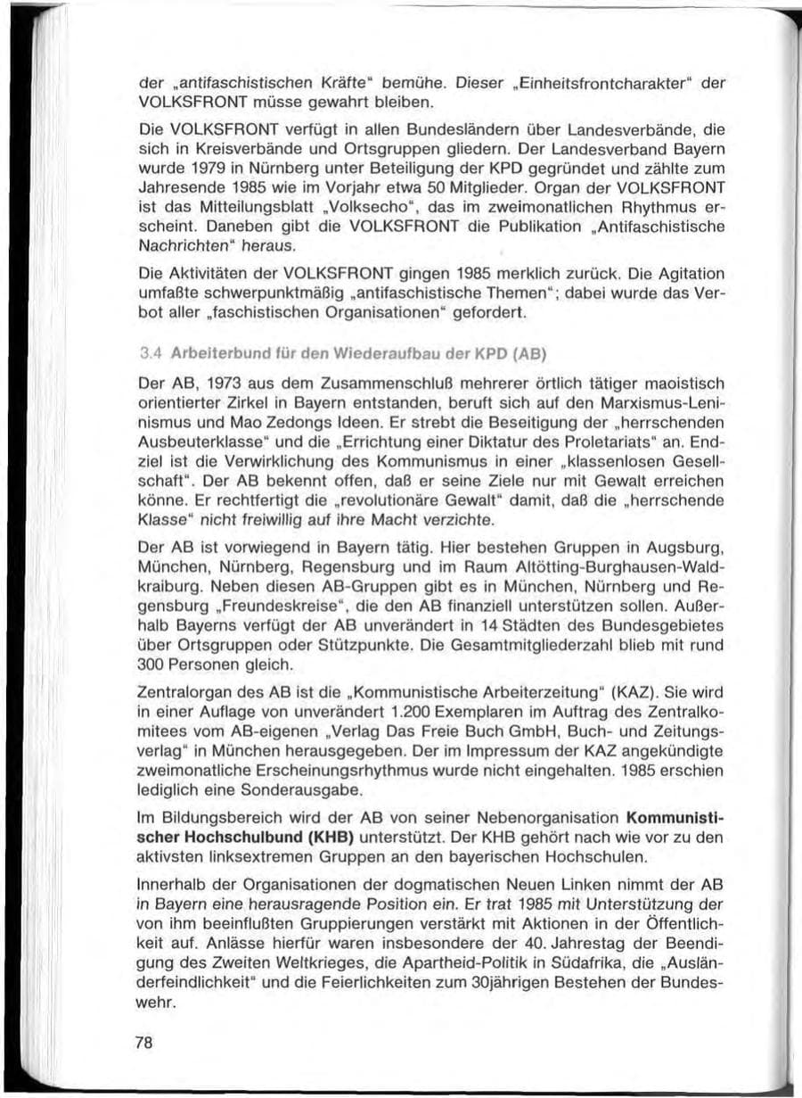 Seite 78 des Verfassungsschutzbericht 1985 Bayern
