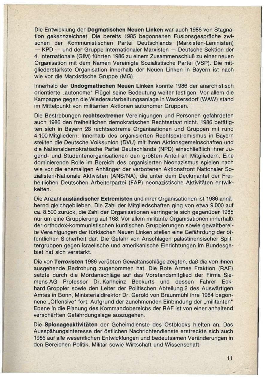 Seite 11 des Verfassungsschutzbericht 1986 Bayern