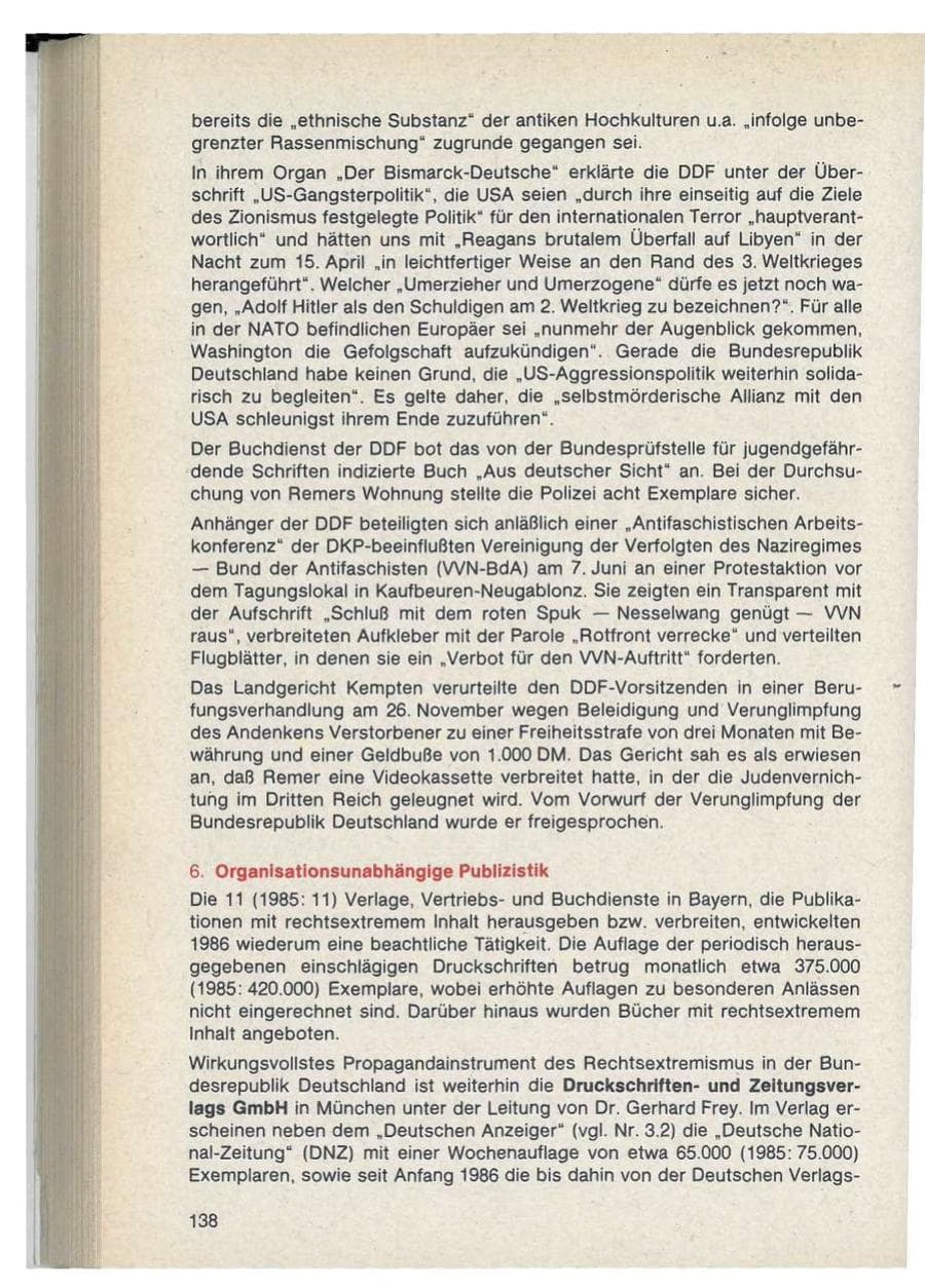 Seite 138 des Verfassungsschutzbericht 1986 Bayern