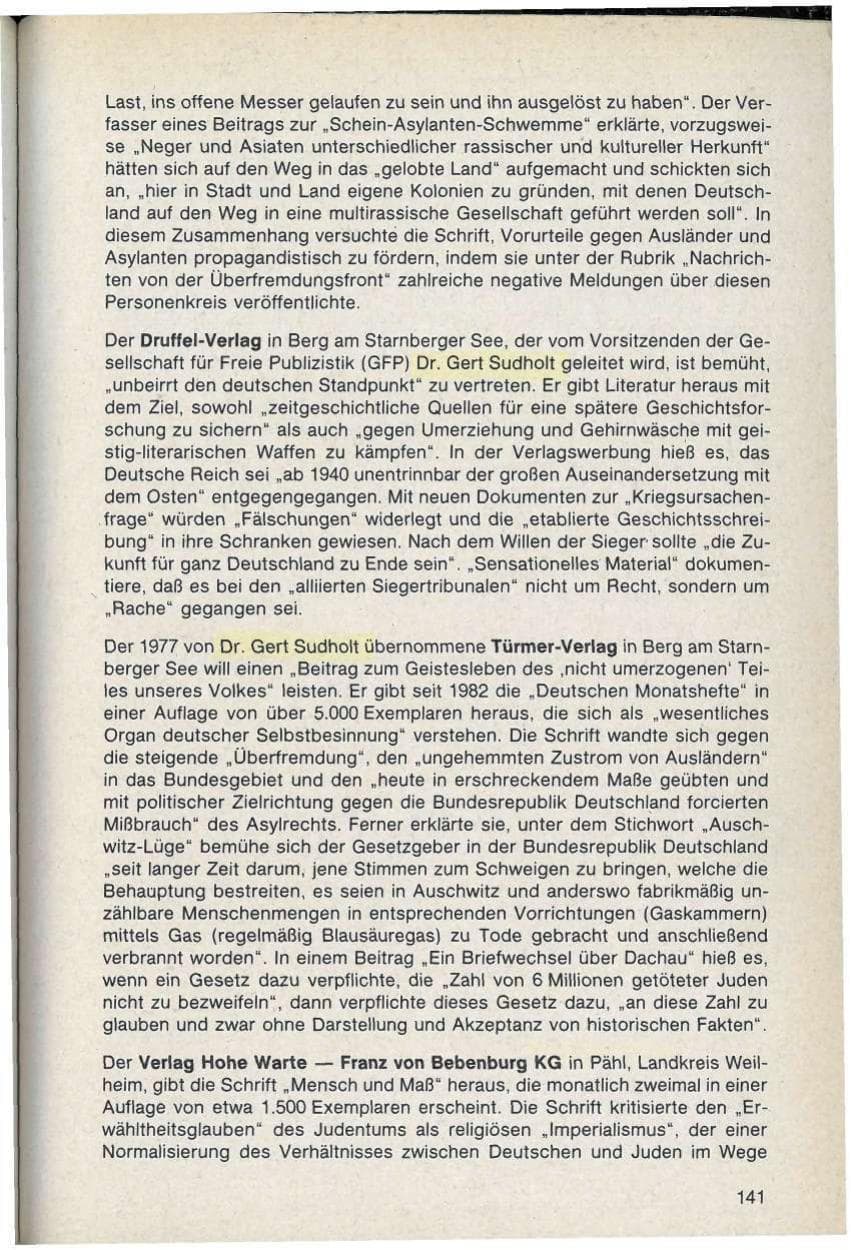 Seite 141 des Verfassungsschutzbericht 1986 Bayern