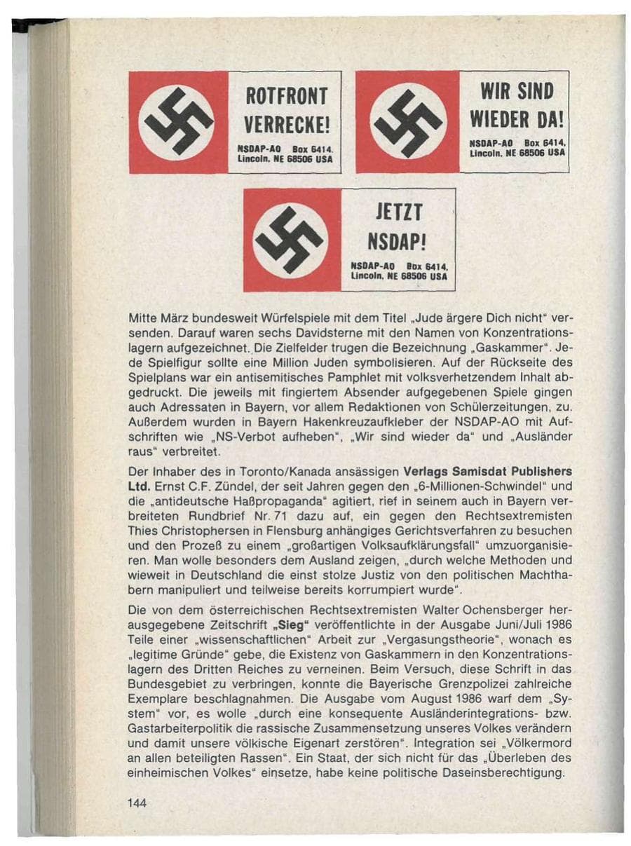 Seite 144 des Verfassungsschutzbericht 1986 Bayern