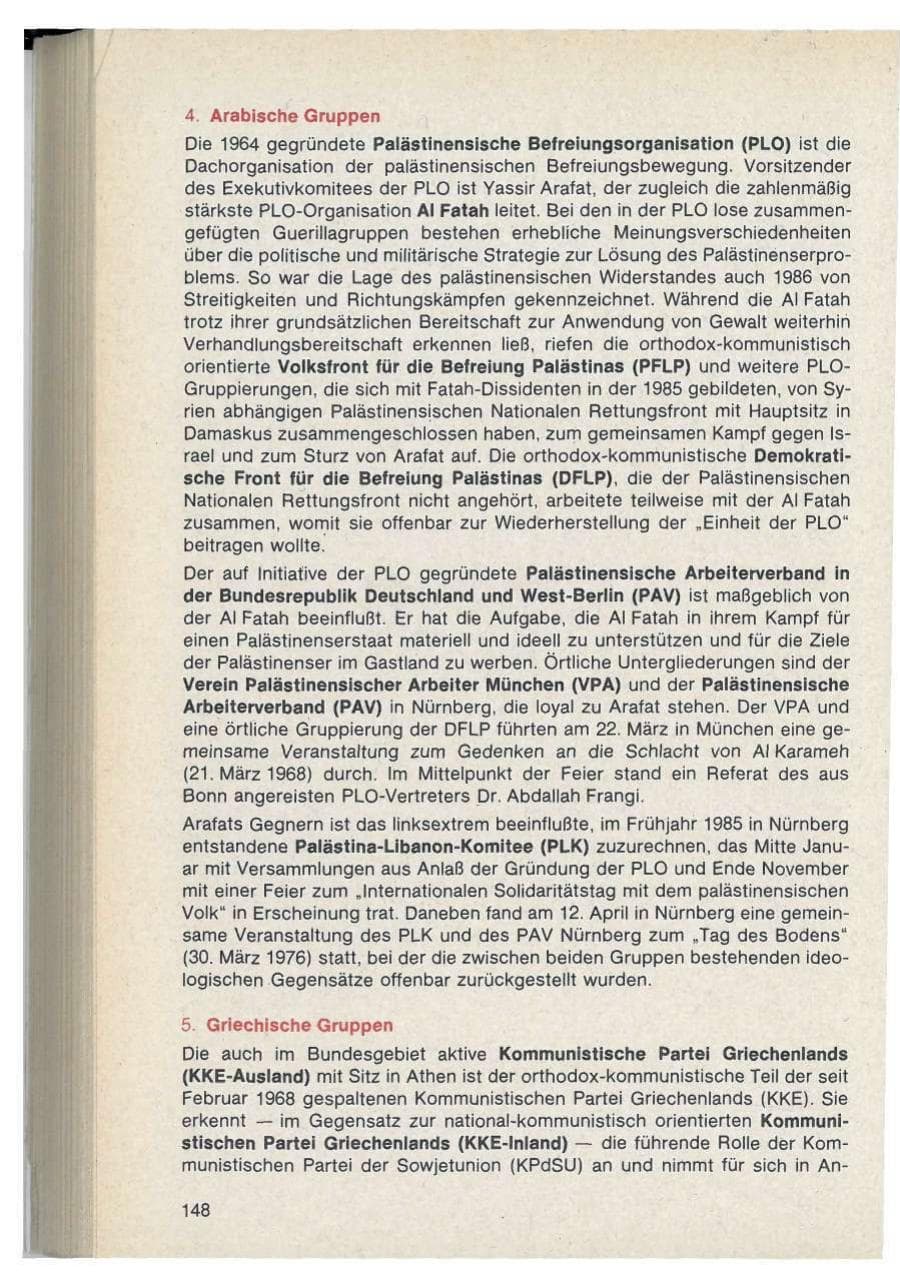 Seite 148 des Verfassungsschutzbericht 1986 Bayern
