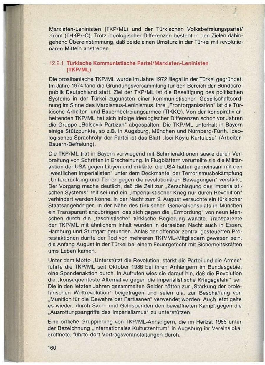 Seite 160 des Verfassungsschutzbericht 1986 Bayern