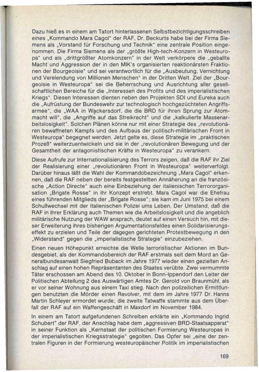 Seite 169 des Verfassungsschutzbericht 1986 Bayern