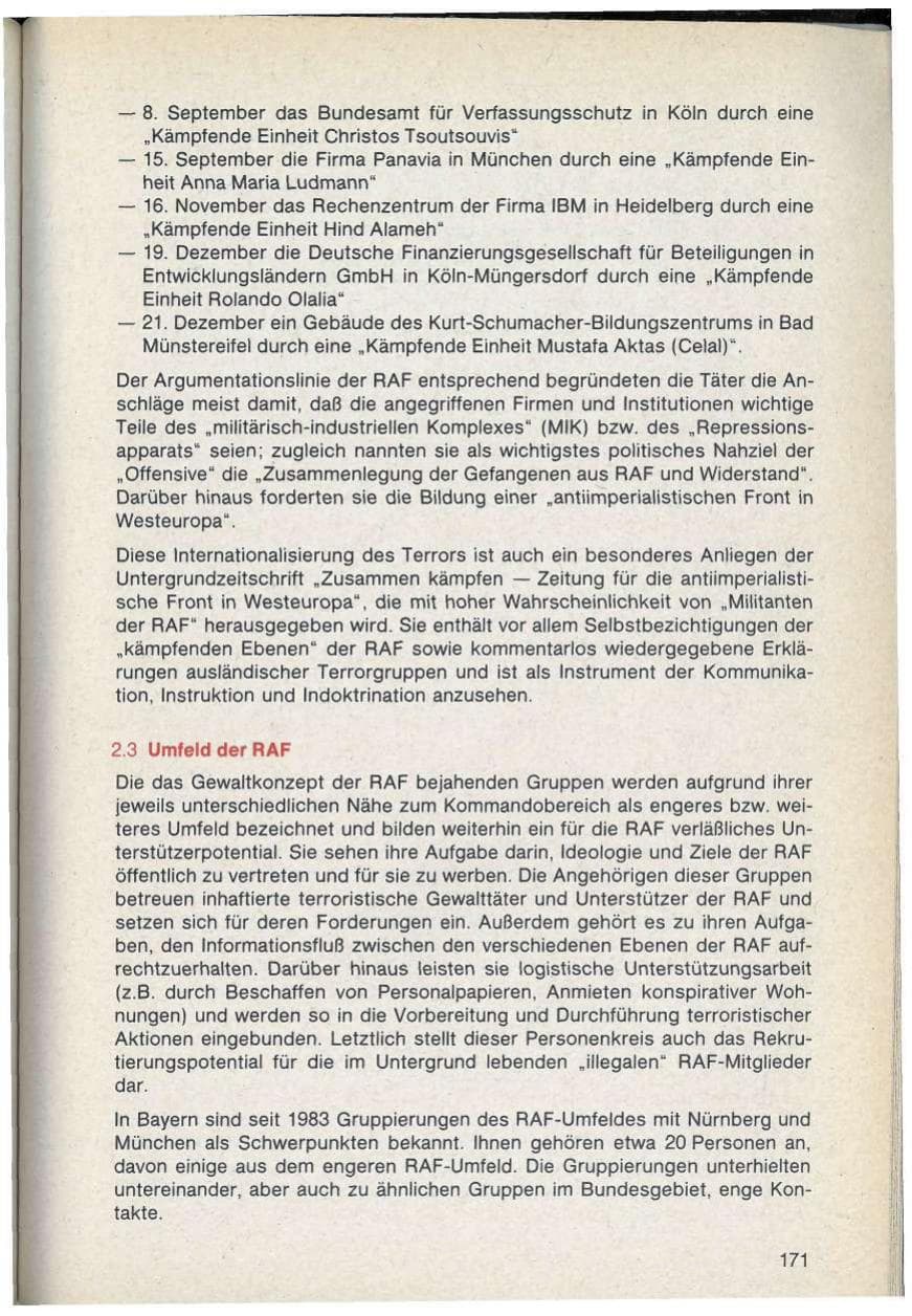 Seite 171 des Verfassungsschutzbericht 1986 Bayern