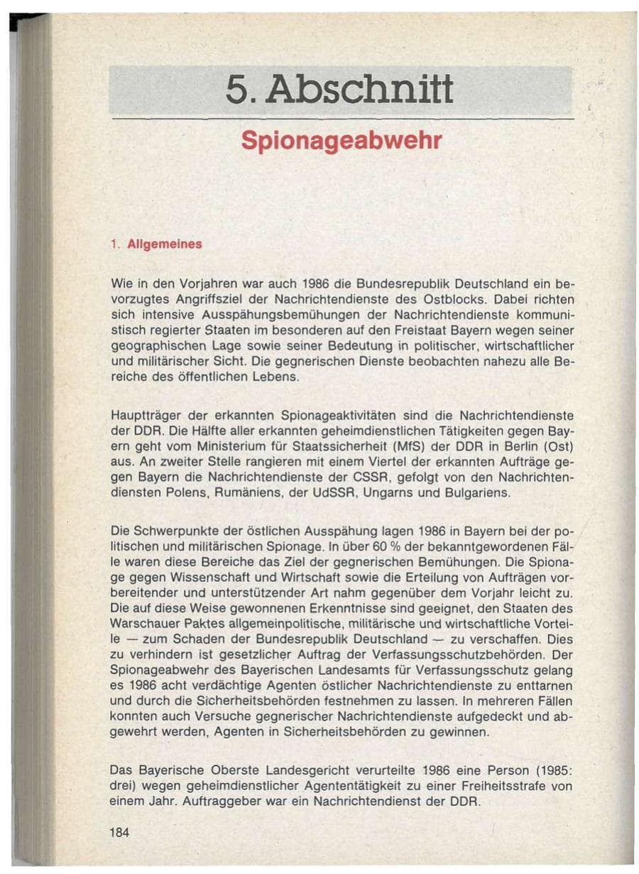 Seite 184 des Verfassungsschutzbericht 1986 Bayern