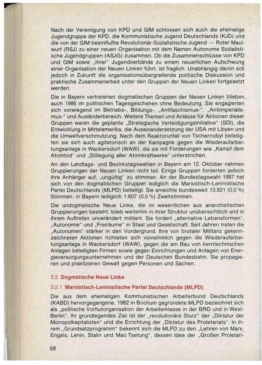 Seite 68 des Verfassungsschutzbericht 1986 Bayern
