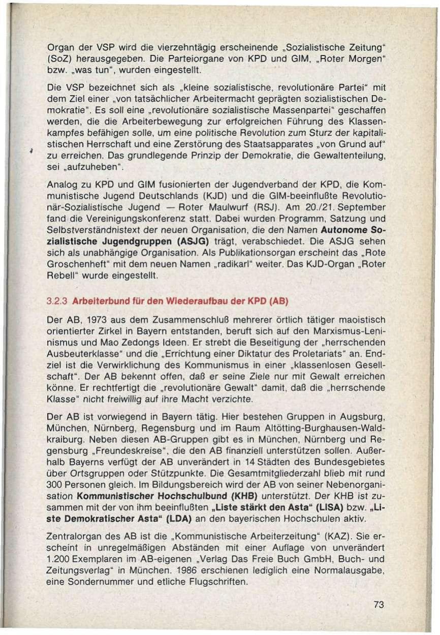 Seite 73 des Verfassungsschutzbericht 1986 Bayern