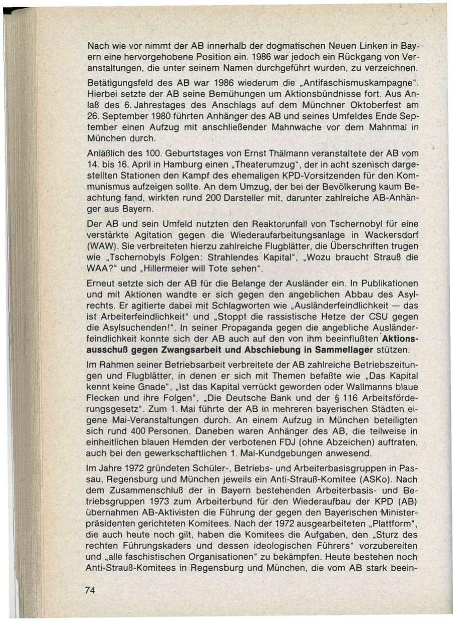 Seite 74 des Verfassungsschutzbericht 1986 Bayern