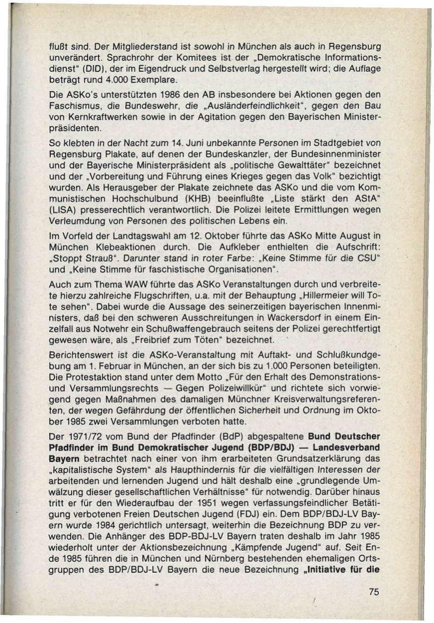 Seite 75 des Verfassungsschutzbericht 1986 Bayern