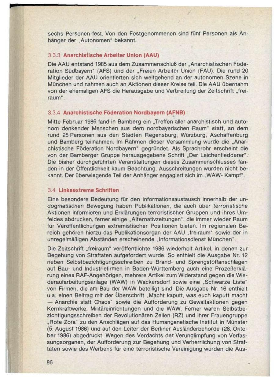 Seite 86 des Verfassungsschutzbericht 1986 Bayern