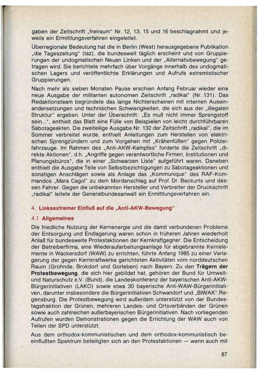 Seite 87 des Verfassungsschutzbericht 1986 Bayern