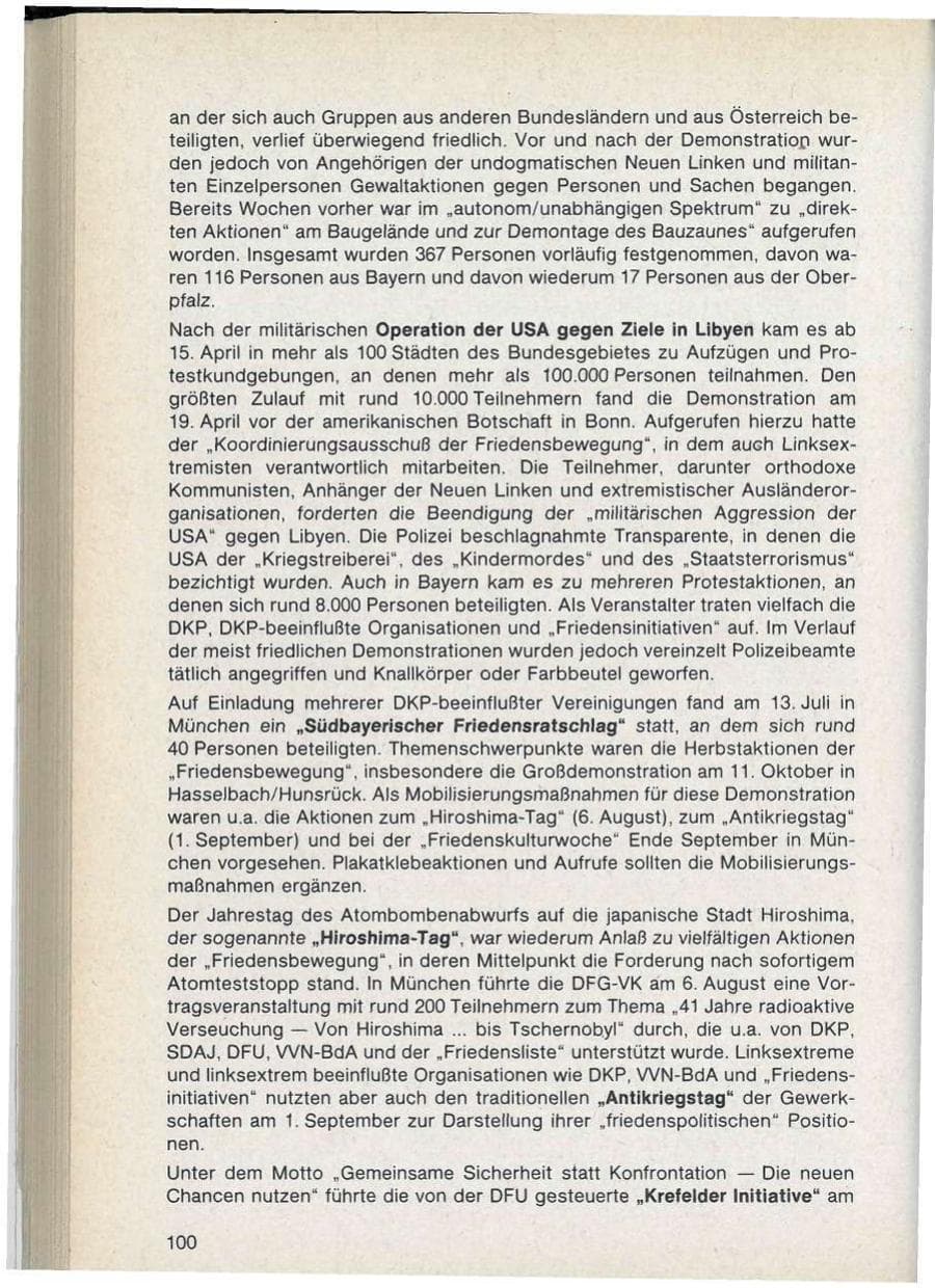 Seite 100 des Verfassungsschutzbericht 1986 Bayern